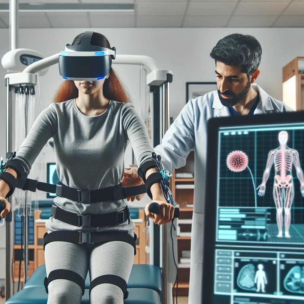 "Paciente utilizando tecnología de realidad virtual para terapia física en un hospital, demostrando la innovación en rehabilitación y la mejora en la recuperación de lesiones."