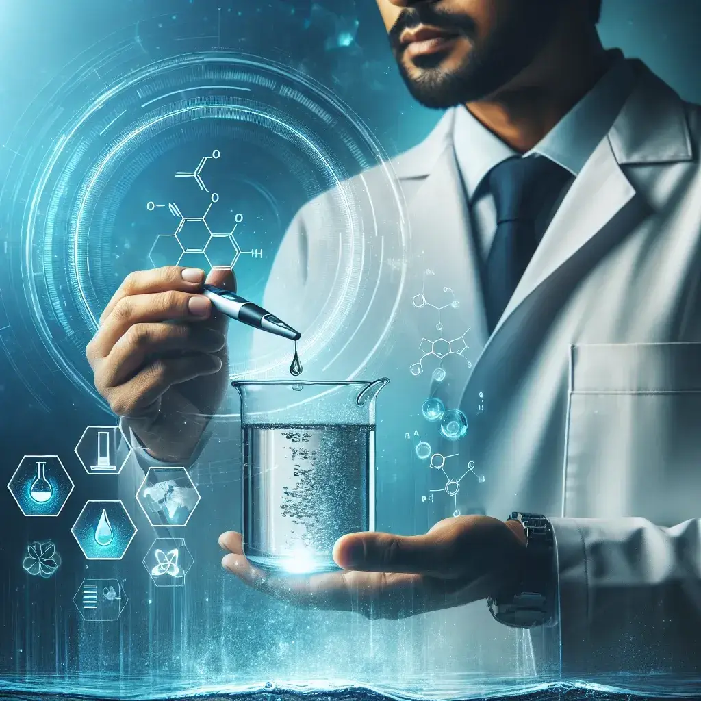 "Dispositivo portátil de análisis de agua en tiempo real, mostrando gráficos y datos en una pantalla, simbolizando la revolución en la monitorización de calidad del agua."